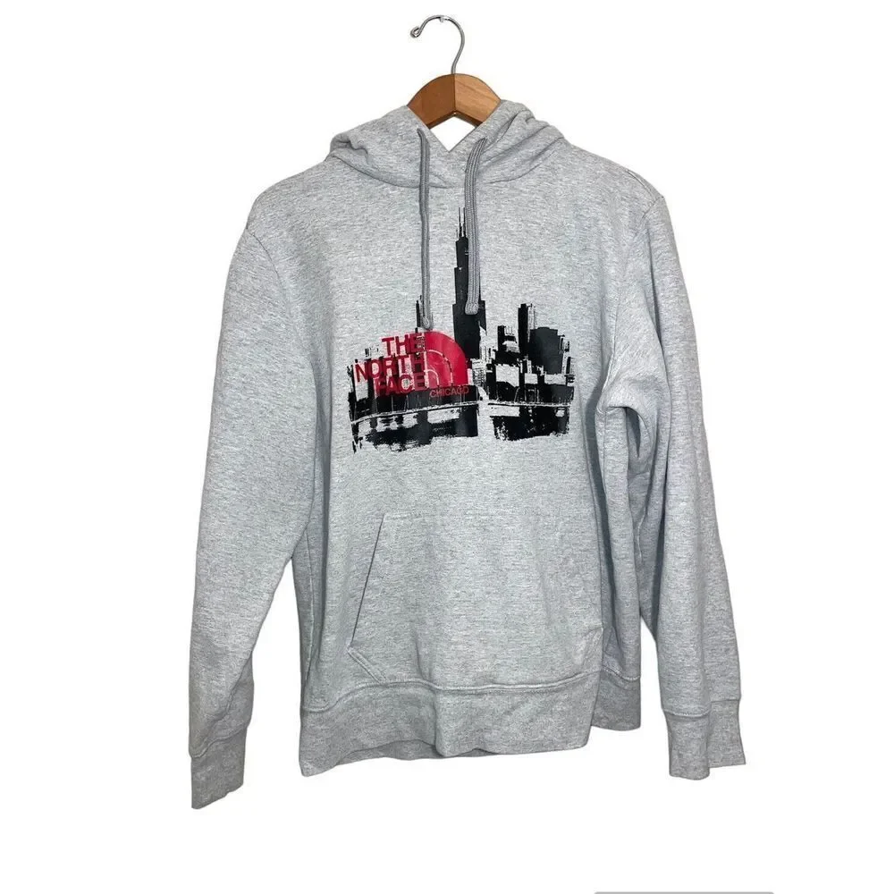The North Face Hoodie Mens Medium Chicago‎ Skyline Sweatshirt Gray FLAW